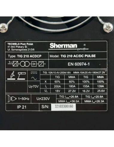 Spawarka Sherman TIG 210 AC/DC Pulse - zestaw - SINW-TIG210ACDCP-G - Sherman - 11
