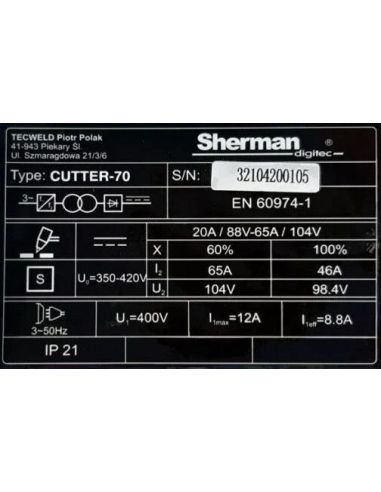 Przecinarka plazmowa Sherman CUTTER 70 - zestaw - SINW-CUTTER70 - Sherman - 10