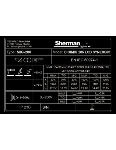 Spawarka Sherman DIGIMIG 205 LCD Synergic - zestaw - 7812697-G - Sherman - 20