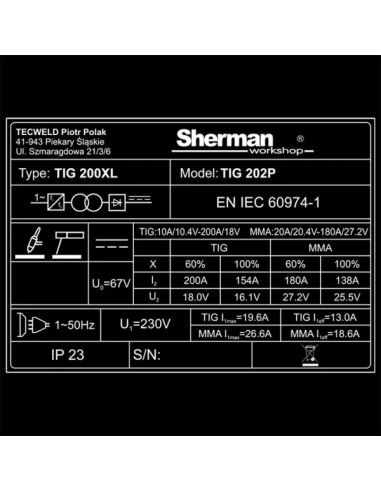 Spawarka Sherman TIG 202P - zestaw