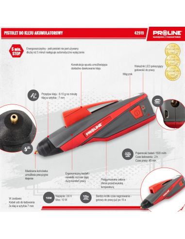 Pistolet klejowy akumulatorowy 10 W / 7 mm USB Proline - 42919 - Proline - 6