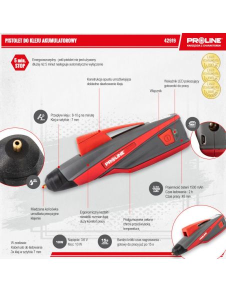 Pistolet klejowy akumulatorowy 10 W / 7 mm USB Proline - 42919 - Proline - 6