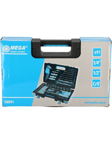 Zestaw kluczy płaskich i nasadowych 1/4" 1/2"  91 el. Mega - 58091 - Mega - 10
